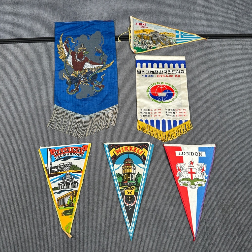 Vintage Souvenir Pennant Banner Lot London Helsinki Athens Billy Graham Korea 73
